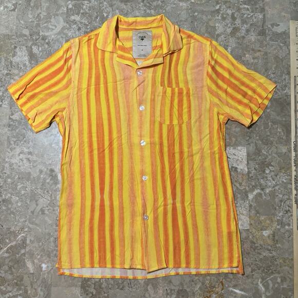 OAS The Cuba Shirt Mens Small Yellow Camp Johnny Collar Short Sleeve Beach Flowy - Picture 2 of 8